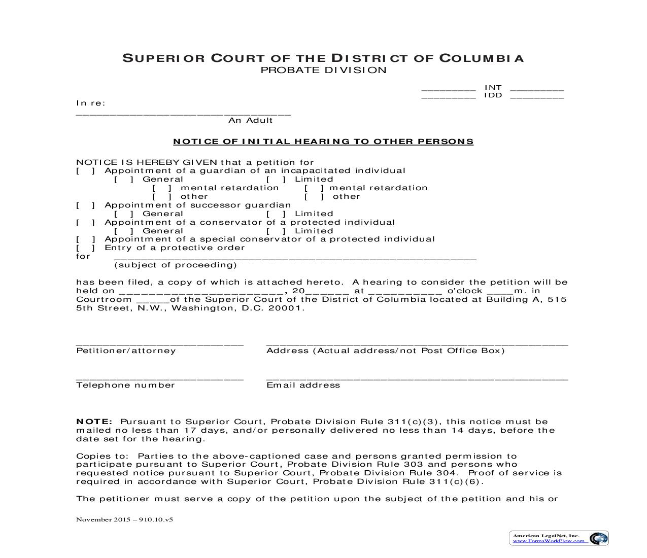Notice Of Initial Hearing To Other Persons | Pdf Fpdf Doc Docx | District Of Columbia