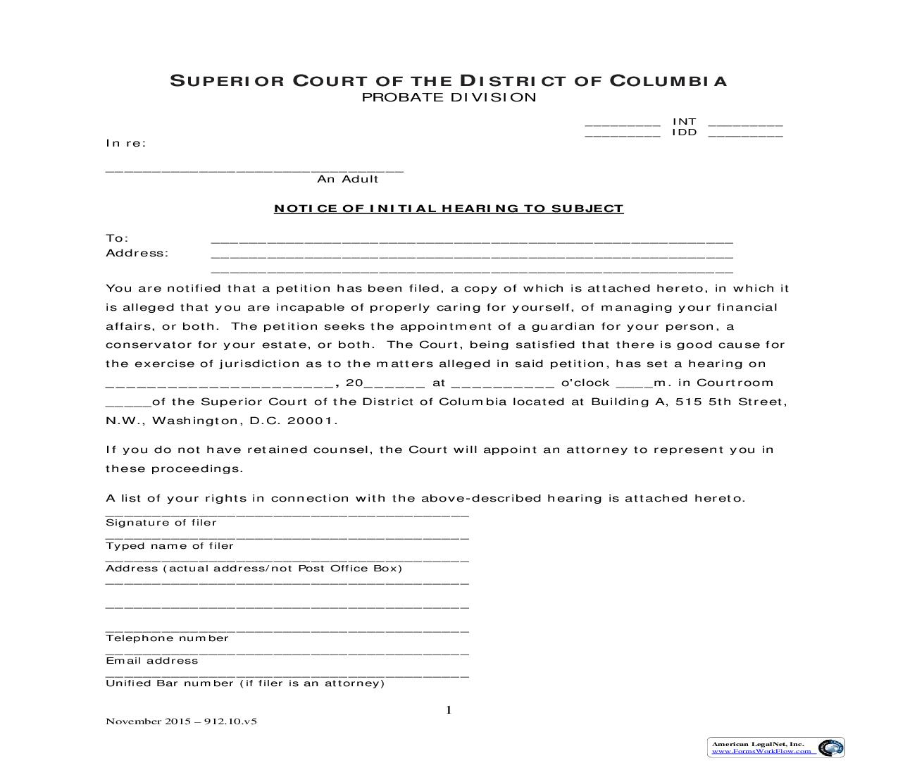 Notice Of Initial Hearing To Subject | Pdf Fpdf Doc Docx | District Of Columbia