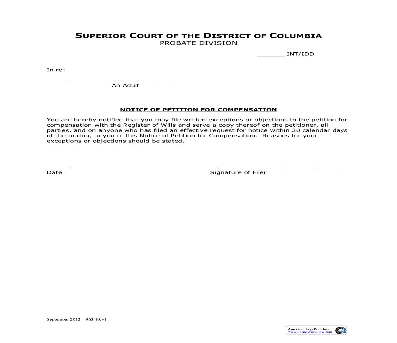 Notice Of Petition For Compensation | Pdf Fpdf Doc Docx | District Of Columbia