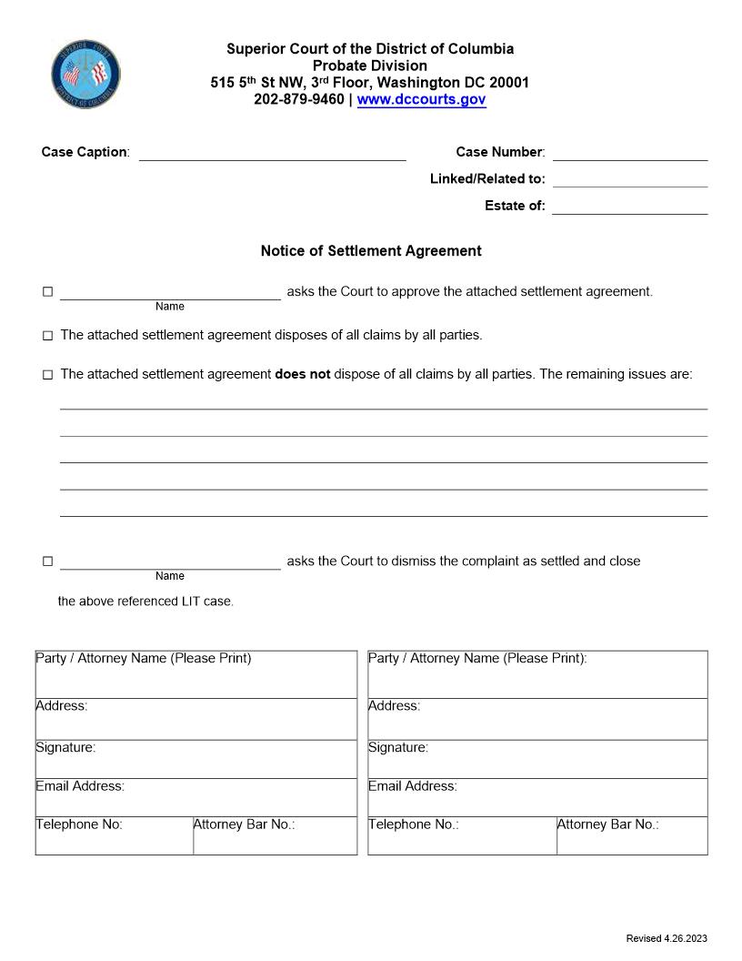 Notice Of Settlement Agreement | Pdf Fpdf Doc Docx | District Of Columbia