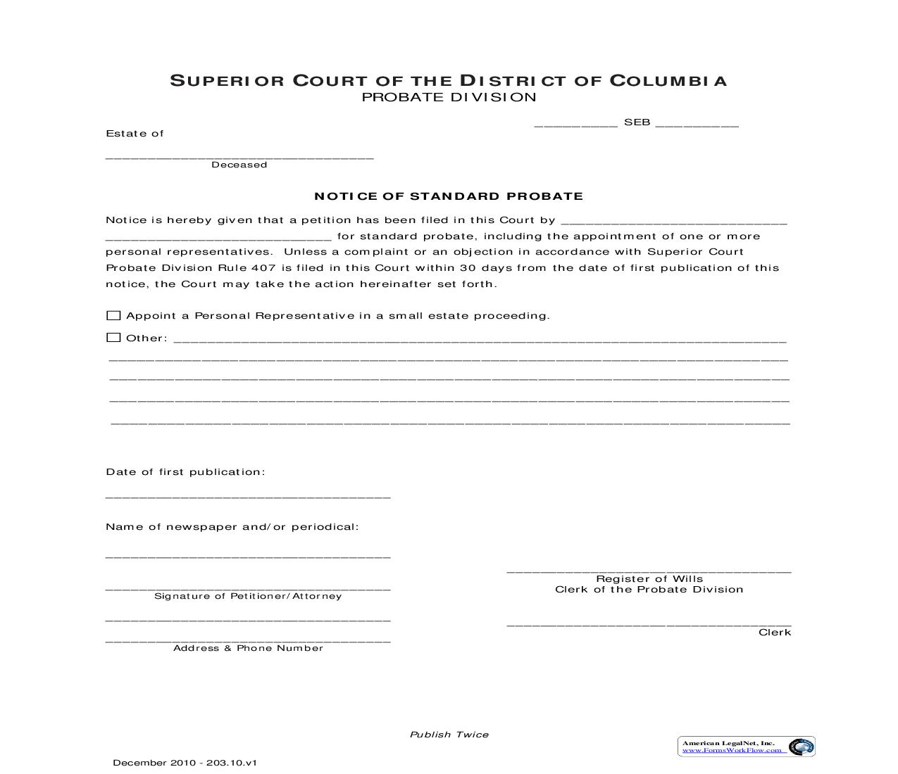 Notice Of Standard Probate | Pdf Fpdf Doc Docx | District Of Columbia