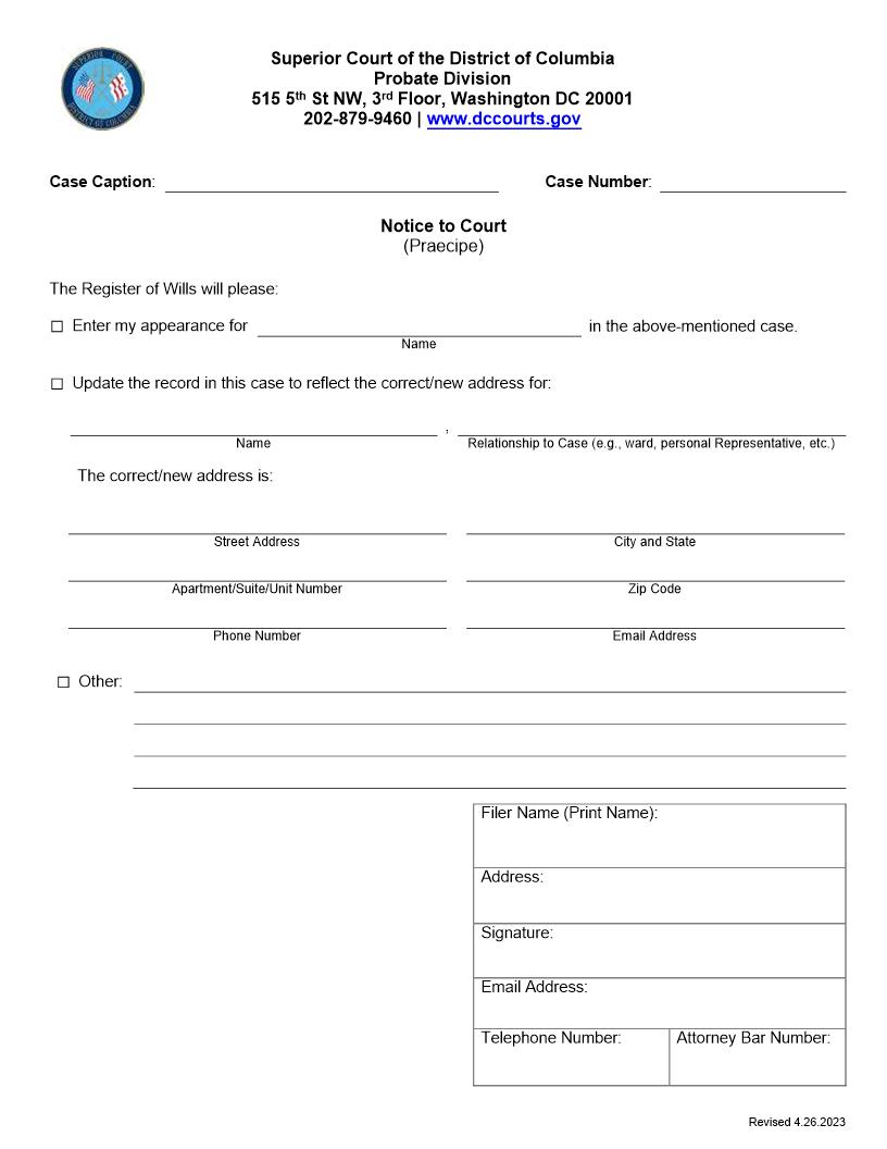 Notice to Court (Praecipe - Probate) | Pdf Fpdf Doc Docx | District Of Columbia