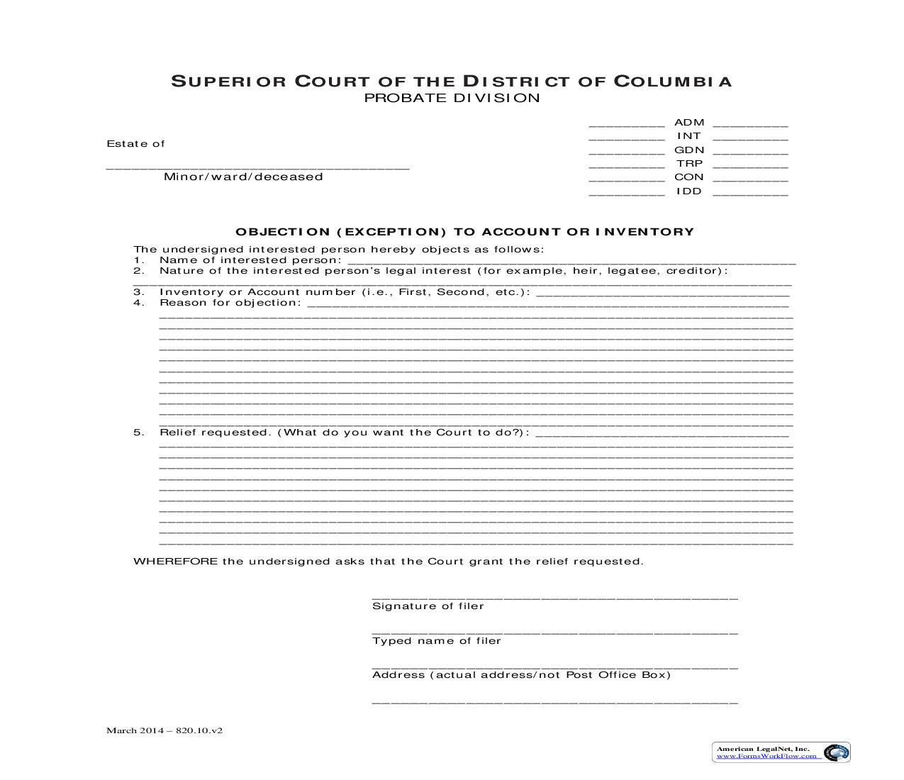 Objection (Exception) To Account Or Inventory | Pdf Fpdf Doc Docx | District Of Columbia