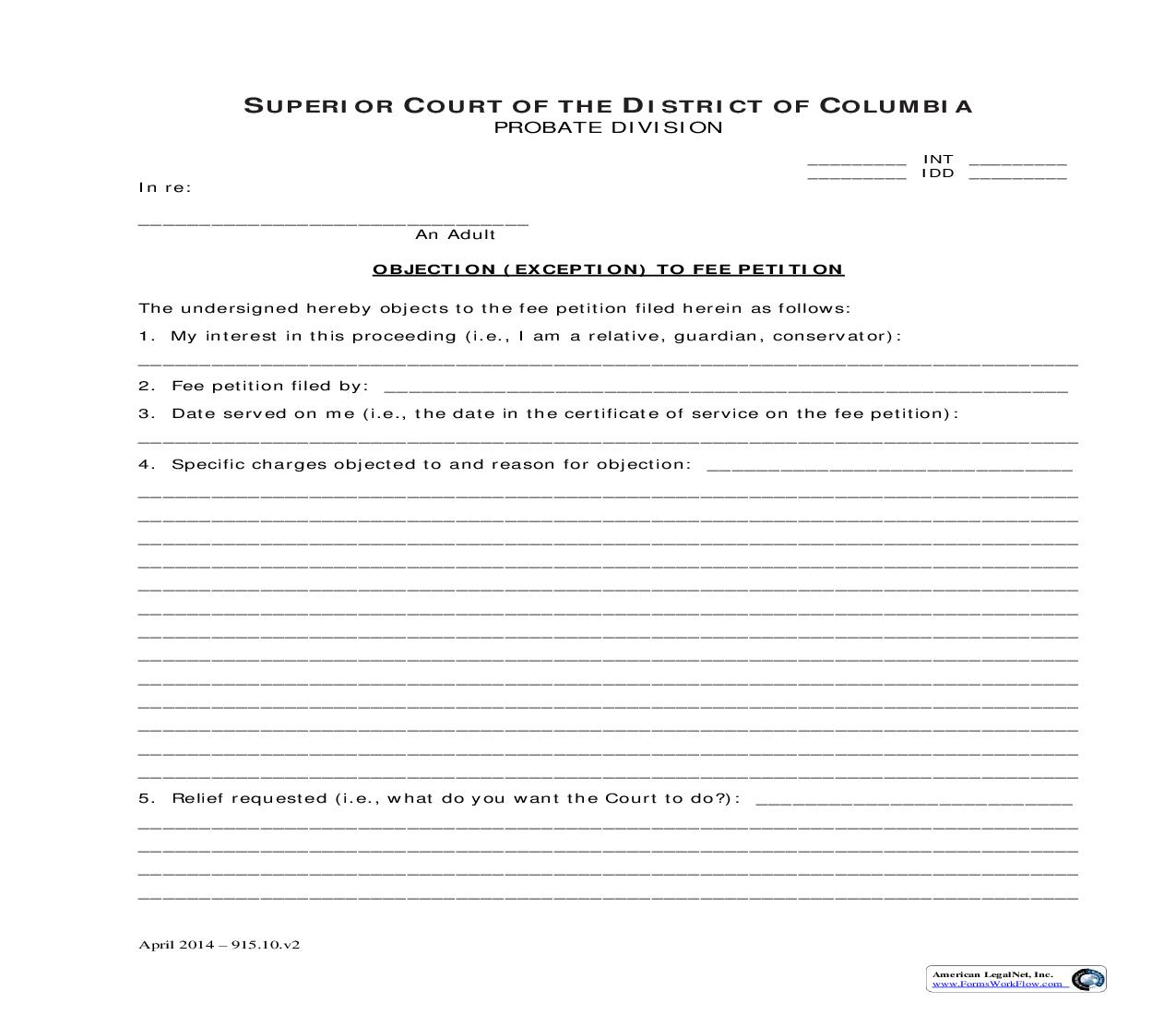 Objection (Exception) To Fee Petition | Pdf Fpdf Doc Docx | District Of Columbia