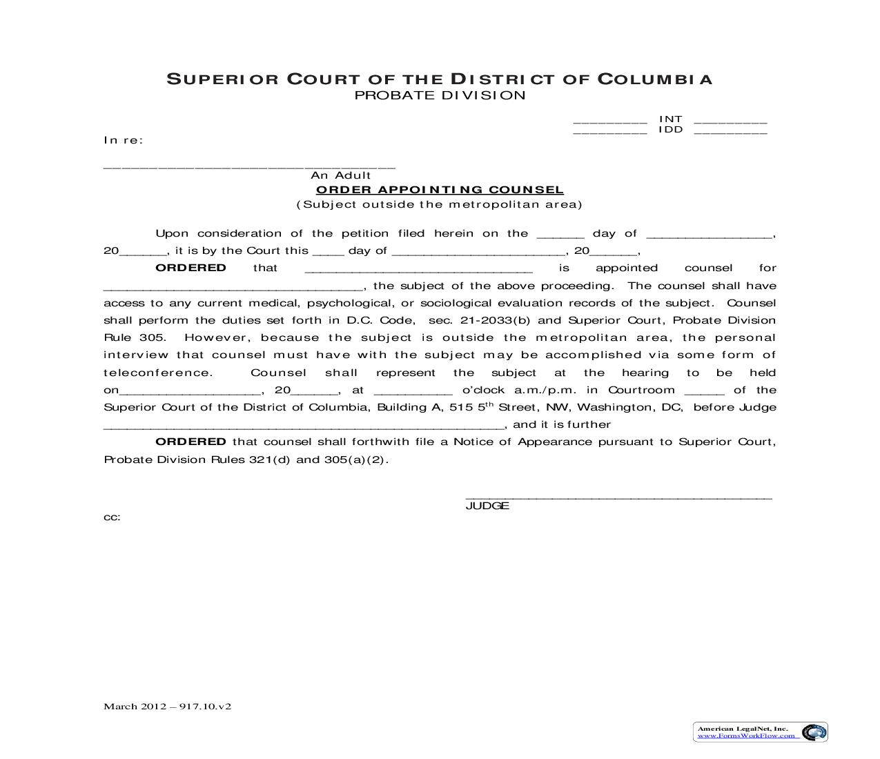 Order Appointing Counsel (Subject Outside The Metropolitan Area) | Pdf Fpdf Doc Docx | District Of Columbia