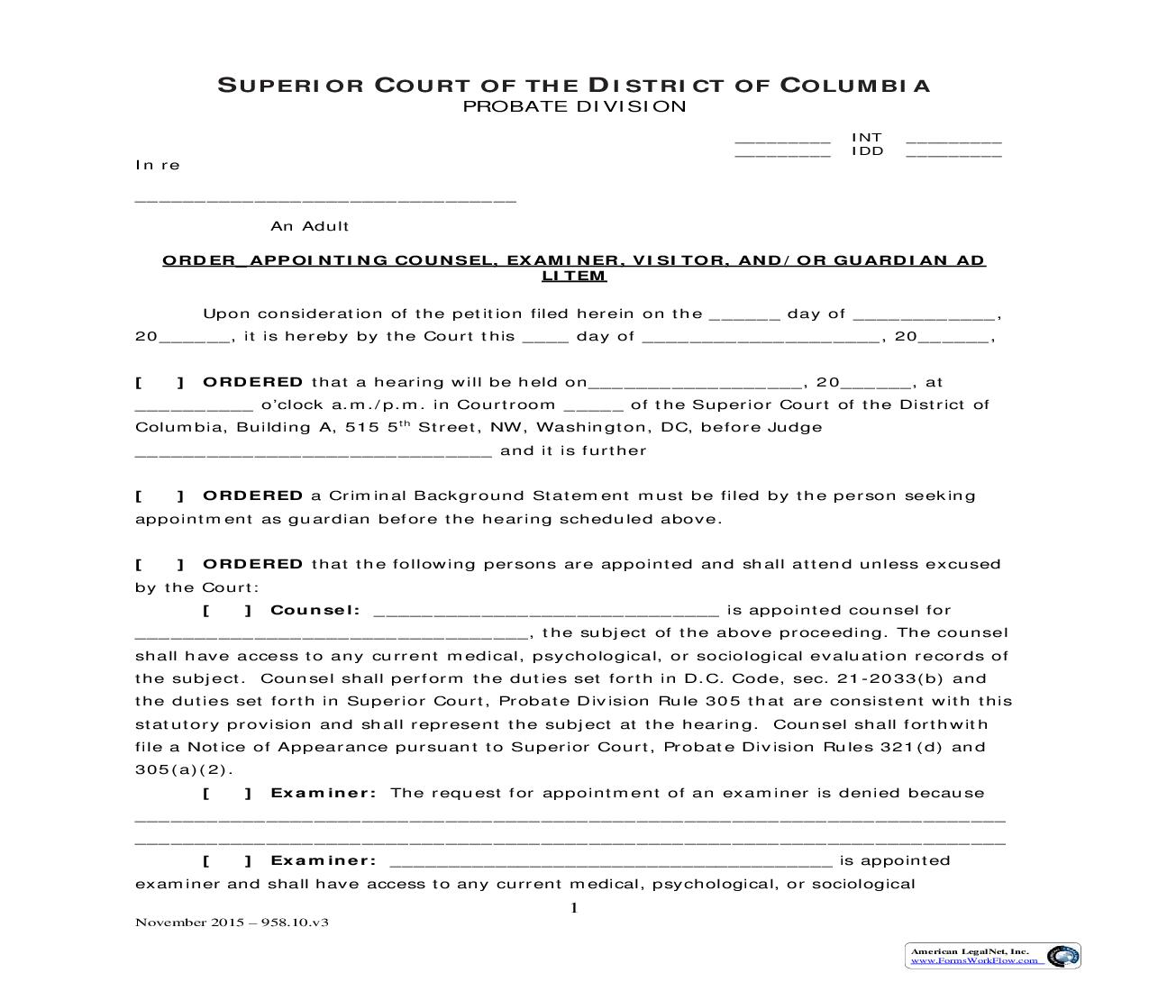 Order Appointing Counsel Examiner Visitor And Or Guardian | Pdf Fpdf Doc Docx | District Of Columbia