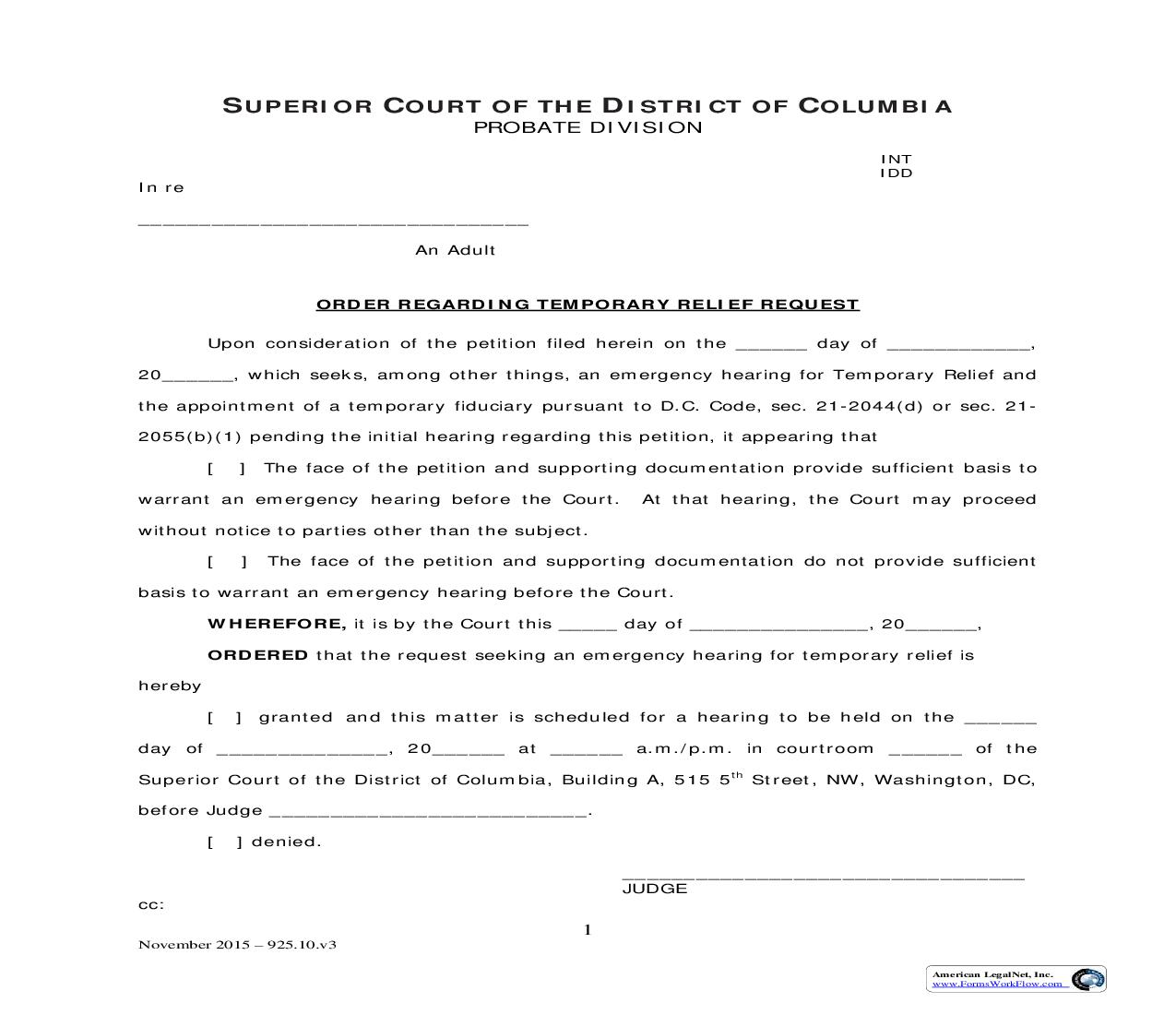 Order Regarding Temporary Relief Request | Pdf Fpdf Doc Docx | District Of Columbia