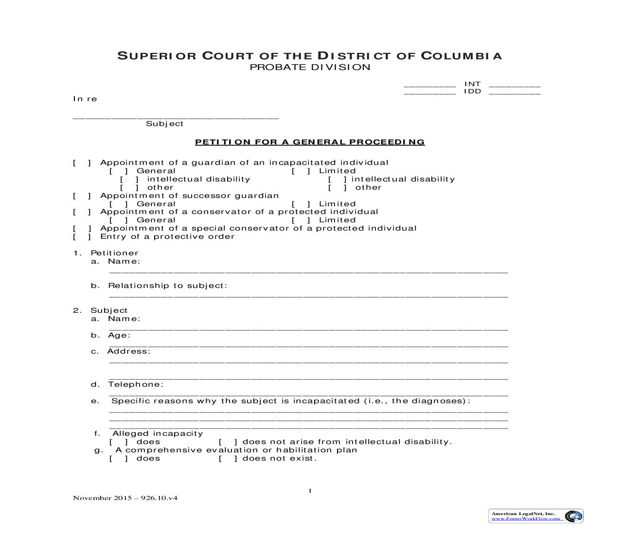 Petition For A General Proceeding | Pdf Fpdf Doc Docx | District Of Columbia