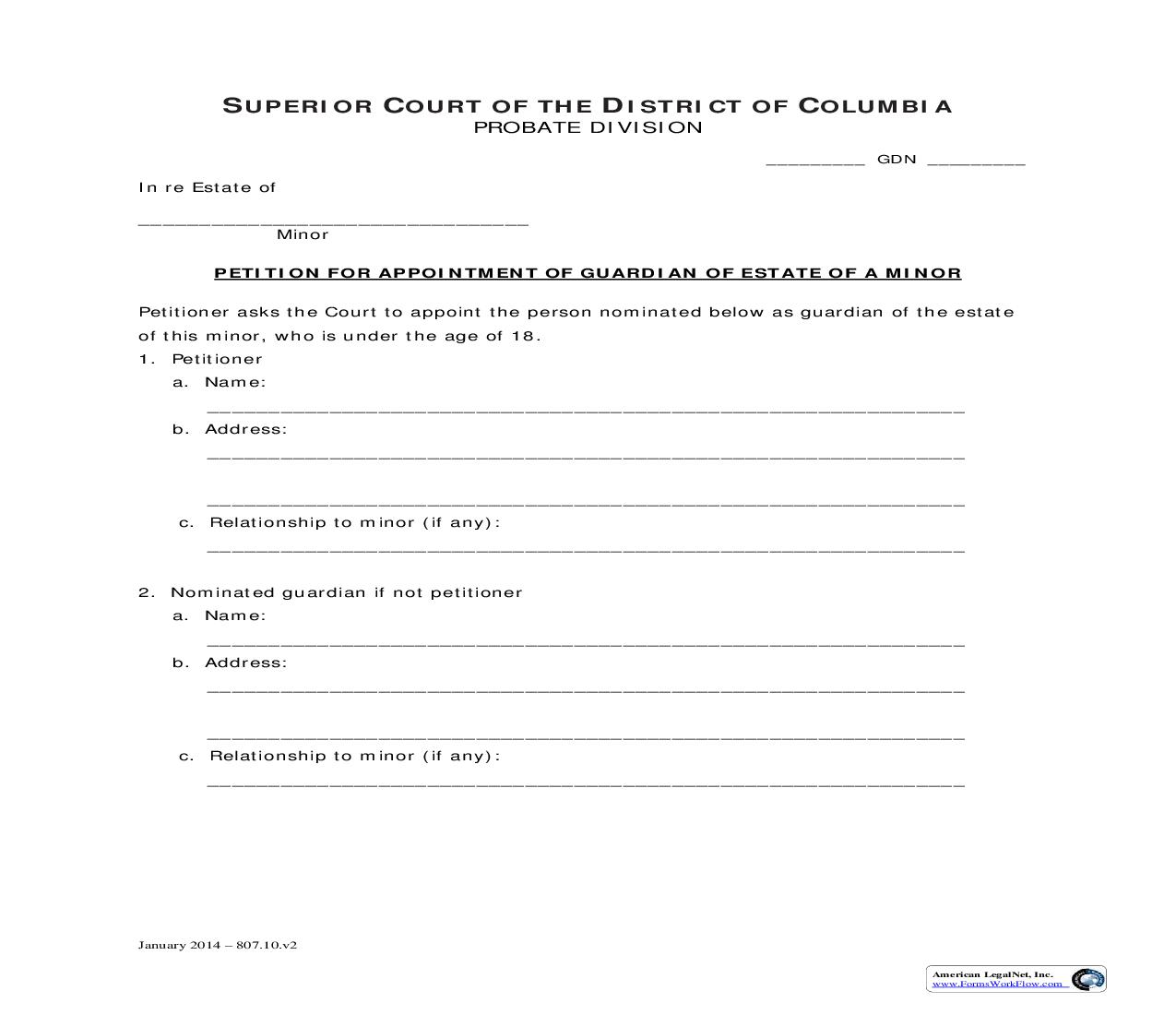 Petition For Appointment Of Guardian Of Estate Of A Minor | Pdf Fpdf Doc Docx | District Of Columbia