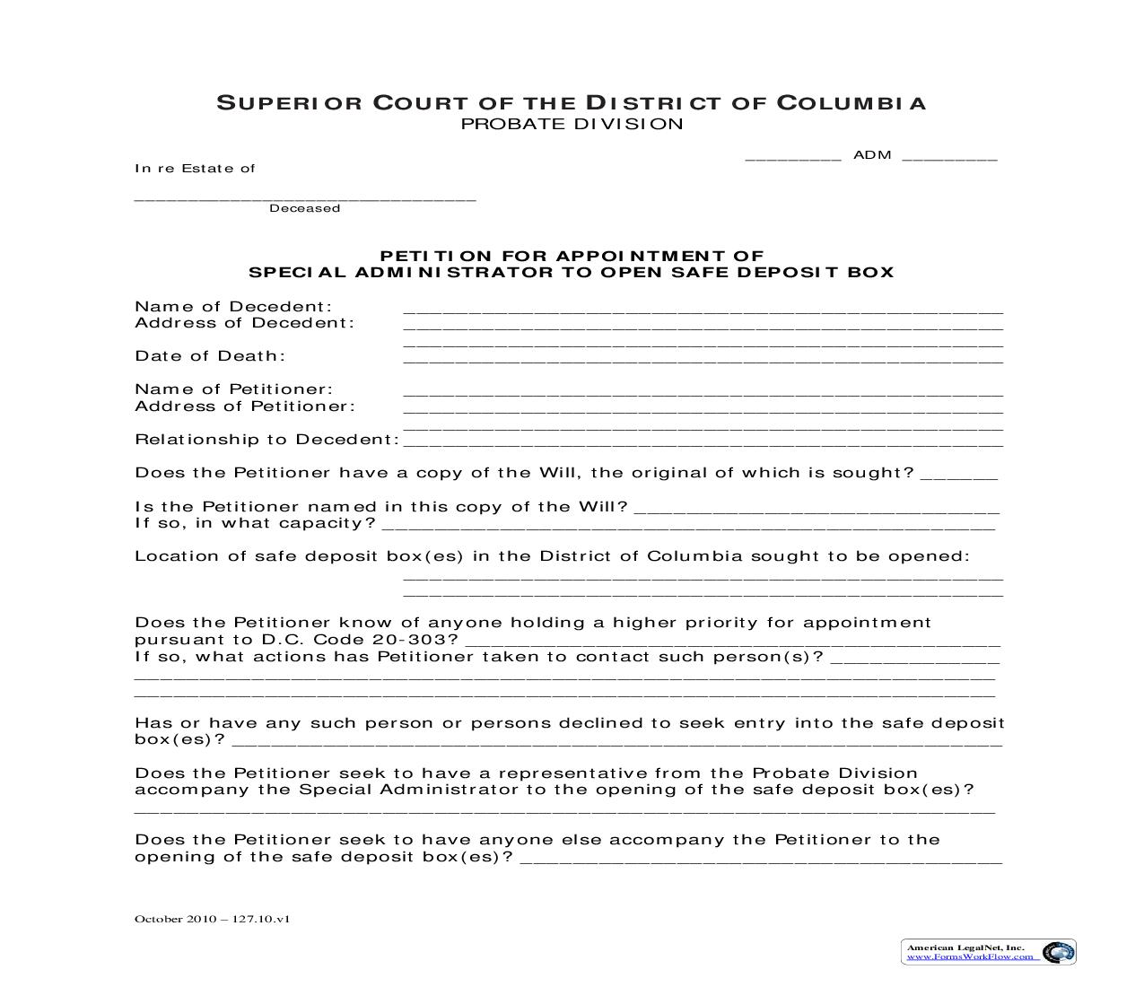 Petition For Appointment Of Special Administrator To Open Safe Deposit Box | Pdf Fpdf Doc Docx | District Of Columbia