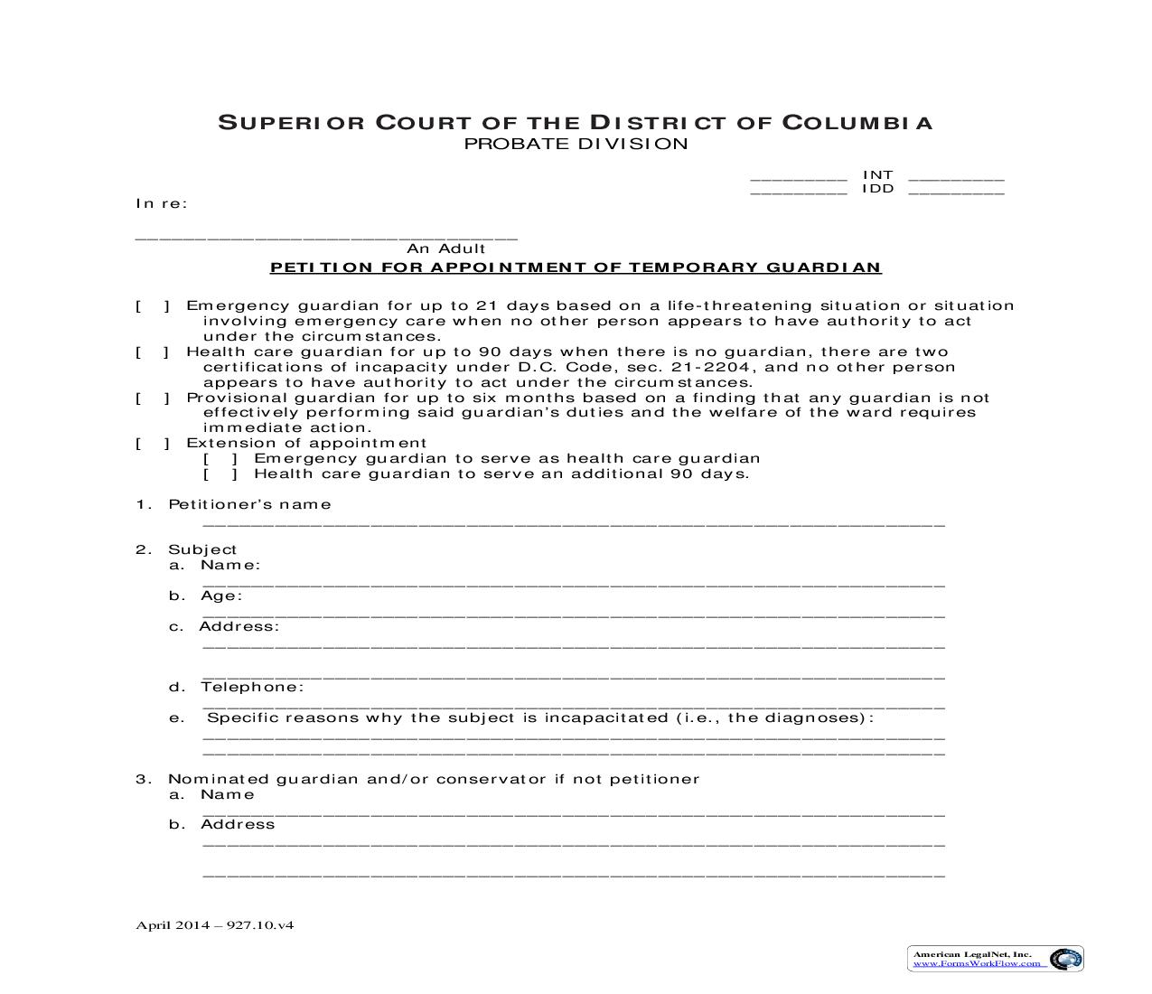 Petition For Appointment Of Temporary Guardian | Pdf Fpdf Doc Docx | District Of Columbia