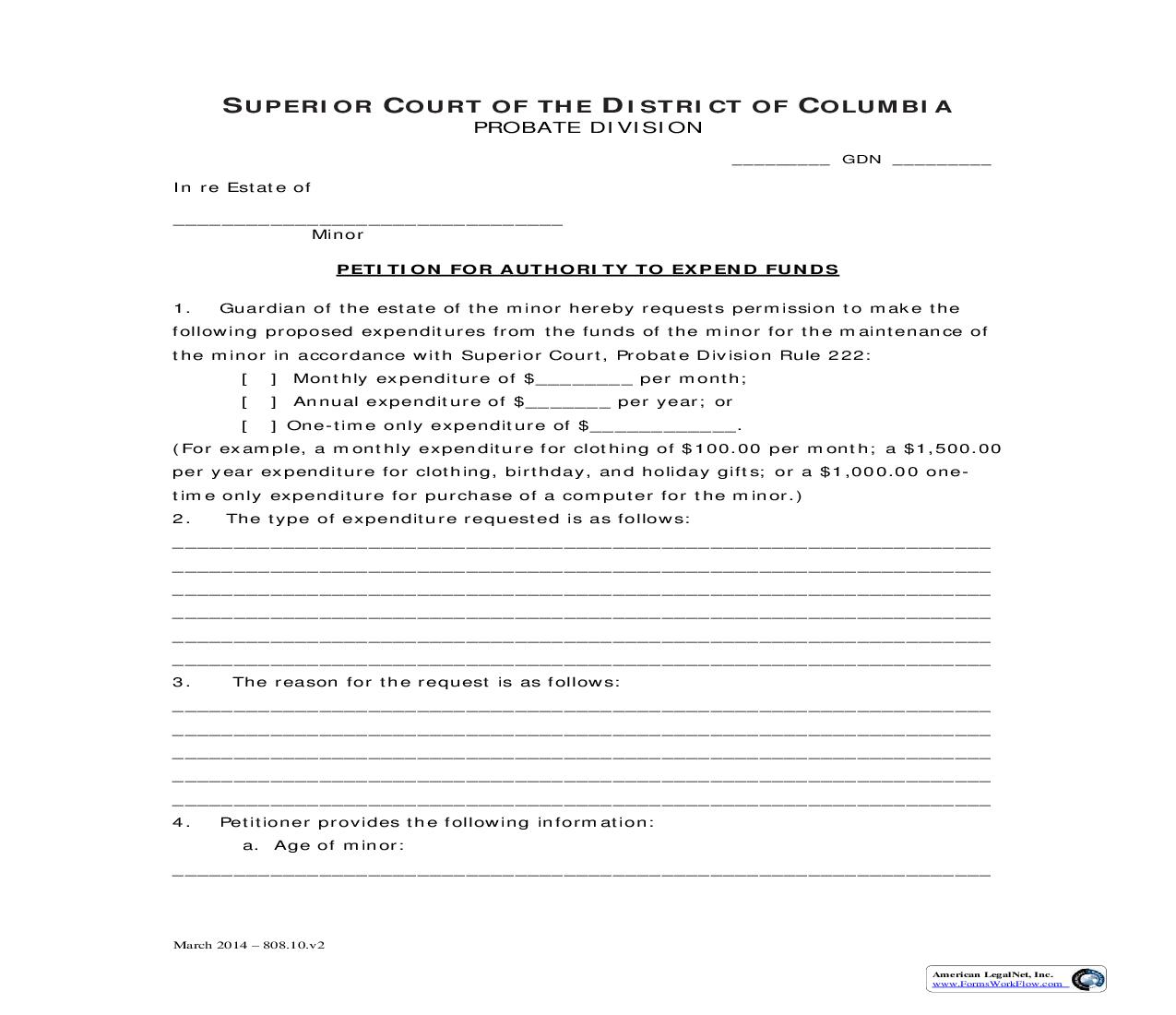 Petition For Authority To Expend Funds | Pdf Fpdf Doc Docx | District Of Columbia