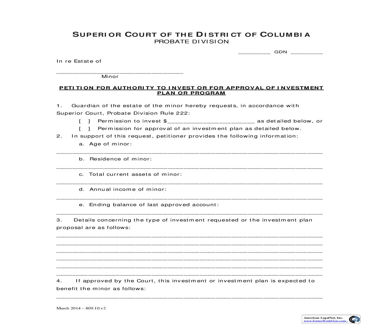 Petition For Authority To Invest Or For Approval Of Investment Plan Or Program | Pdf Fpdf Doc Docx | District Of Columbia