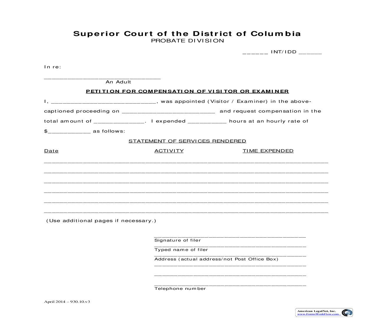 Petition For Compensation Of Visitor Or Examiner | Pdf Fpdf Doc Docx | District Of Columbia