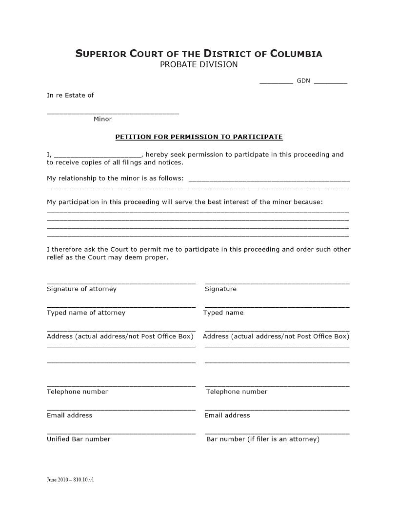 Petition For Permission To Participate {PD 1870A} | Pdf Fpdf Doc Docx | District Of Columbia