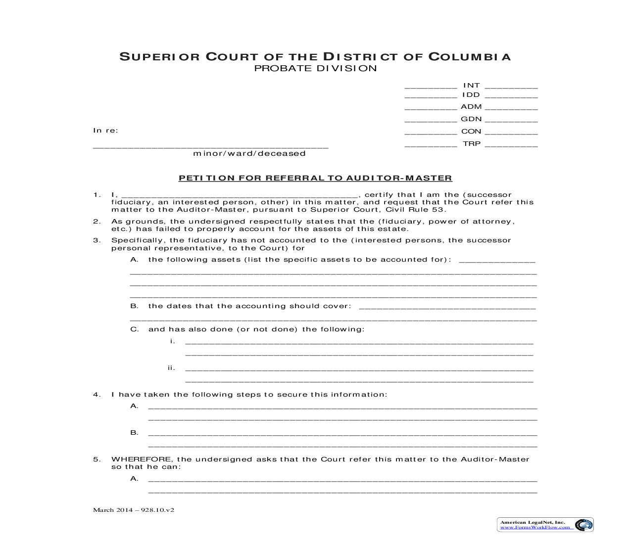 Petition For Referral To Auditor Master | Pdf Fpdf Doc Docx | District Of Columbia