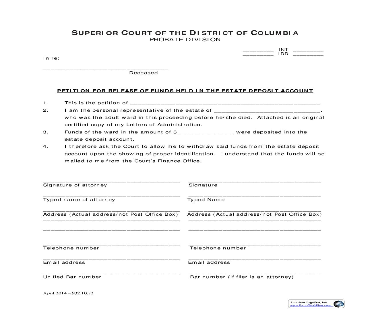Petition For Release Of Funds Held In The Estate Deposit Account | Pdf Fpdf Doc Docx | District Of Columbia