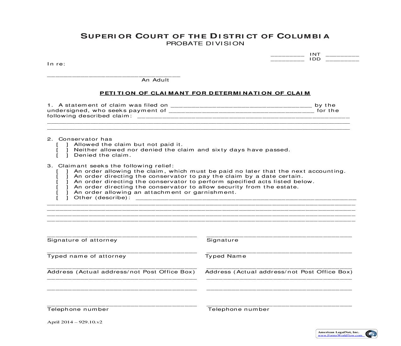 Petition Of Claimant For Determination Of Claim | Pdf Fpdf Doc Docx | District Of Columbia
