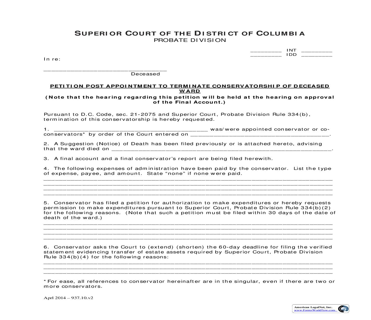 Petition Post Appointment To Terminate Conservatorship Of Deceased | Pdf Fpdf Doc Docx | District Of Columbia