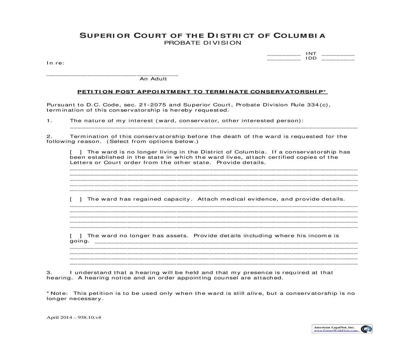 Petition Post Appointment To Terminate Conservatorship | Pdf Fpdf Doc Docx | District Of Columbia