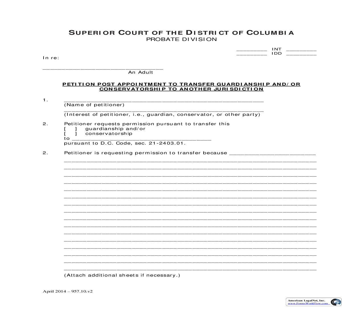 Petition Post Appointment To Transfer Guardianship And Or Conservatorship | Pdf Fpdf Doc Docx | District Of Columbia