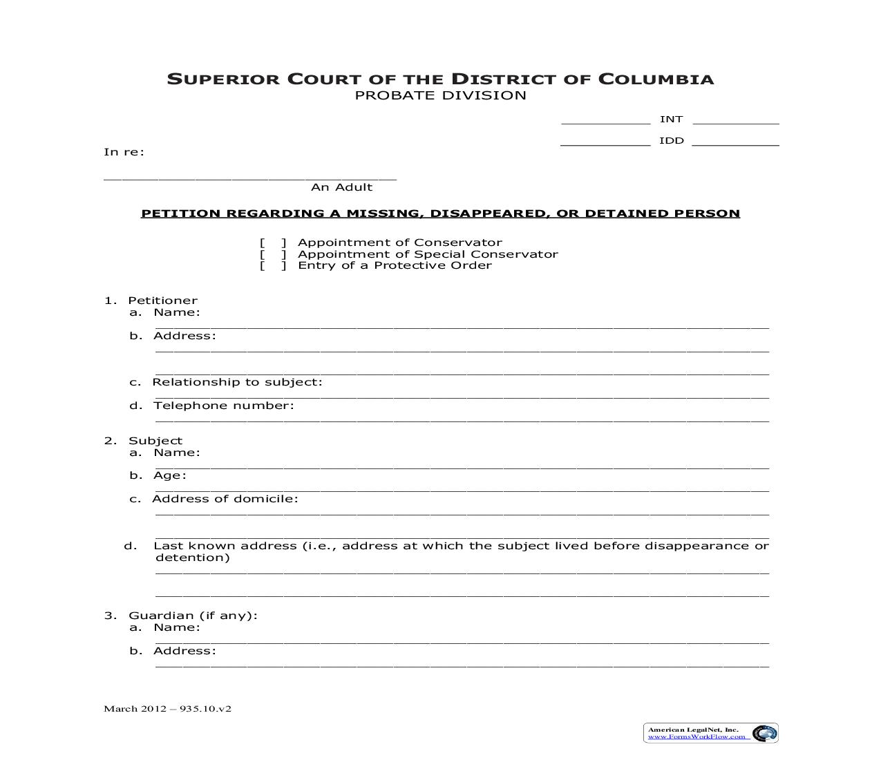 Petition Regarding A Missing Disappeared Or Detained | Pdf Fpdf Doc Docx | District Of Columbia