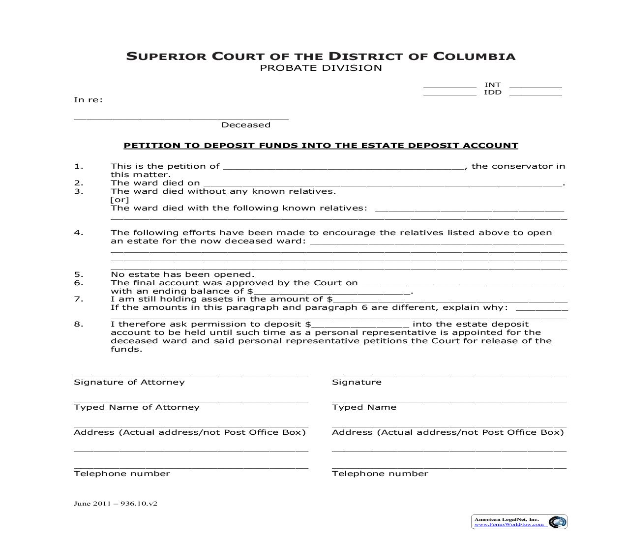 Petition To Deposit Funds Into The Estate Deposit Account | Pdf Fpdf Doc Docx | District Of Columbia