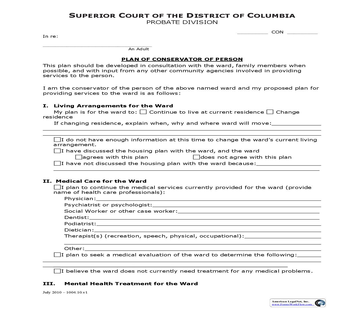 Plan Of Conservator Of Person | Pdf Fpdf Doc Docx | District Of Columbia