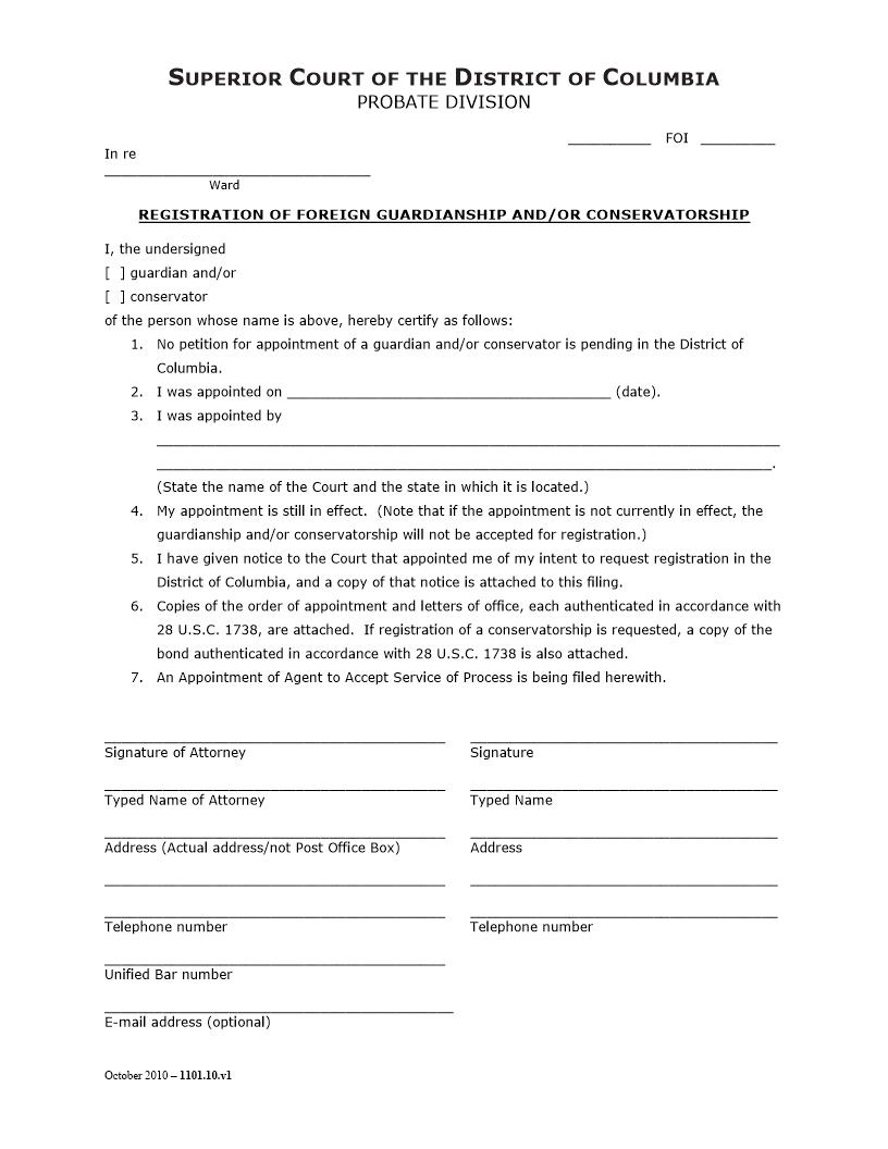 Registration Of Foreign Guardianship And Or Conservatorship | Pdf Fpdf Docx | District Of Columbia