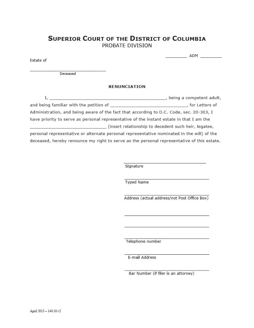 Renunciation | Pdf Fpdf Doc Docx | District Of Columbia