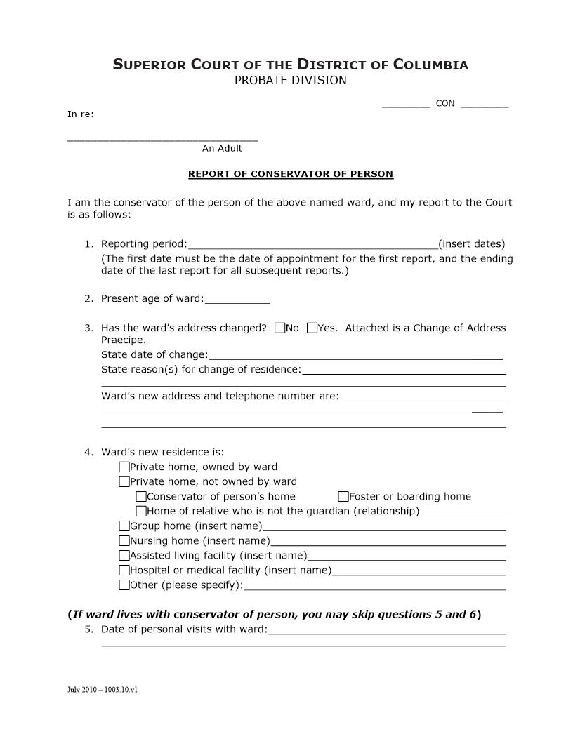 Report Of Conservator Of Person | Pdf Fpdf Doc Docx | District Of Columbia