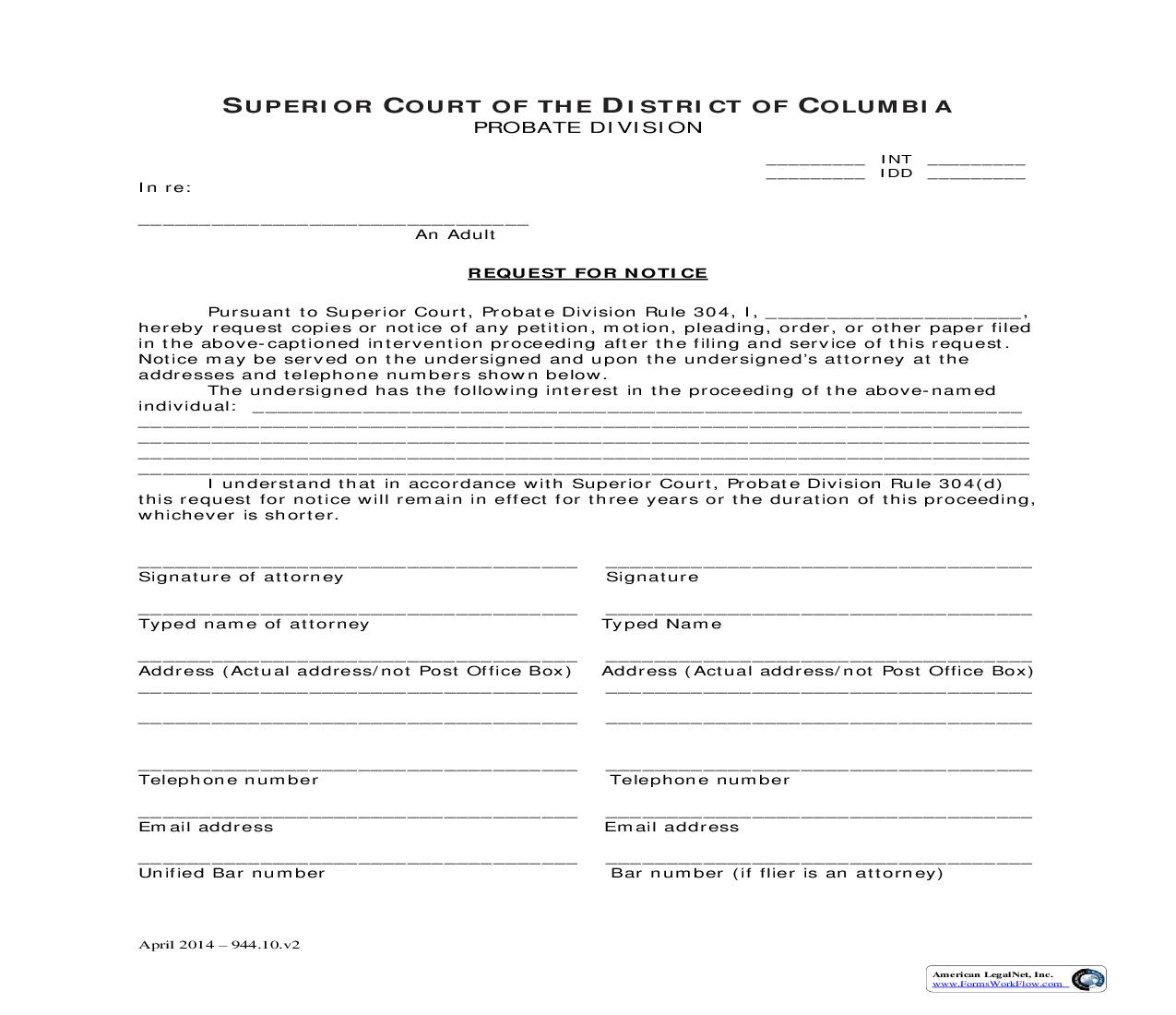 Request For Notice | Pdf Fpdf Doc Docx | District Of Columbia