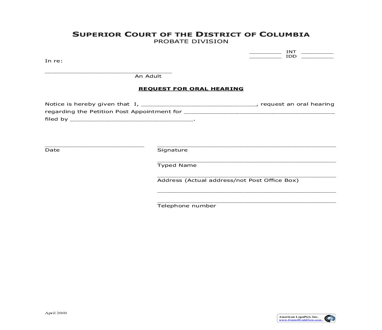 Request For Oral Hearing | Pdf Fpdf Doc Docx | District Of Columbia