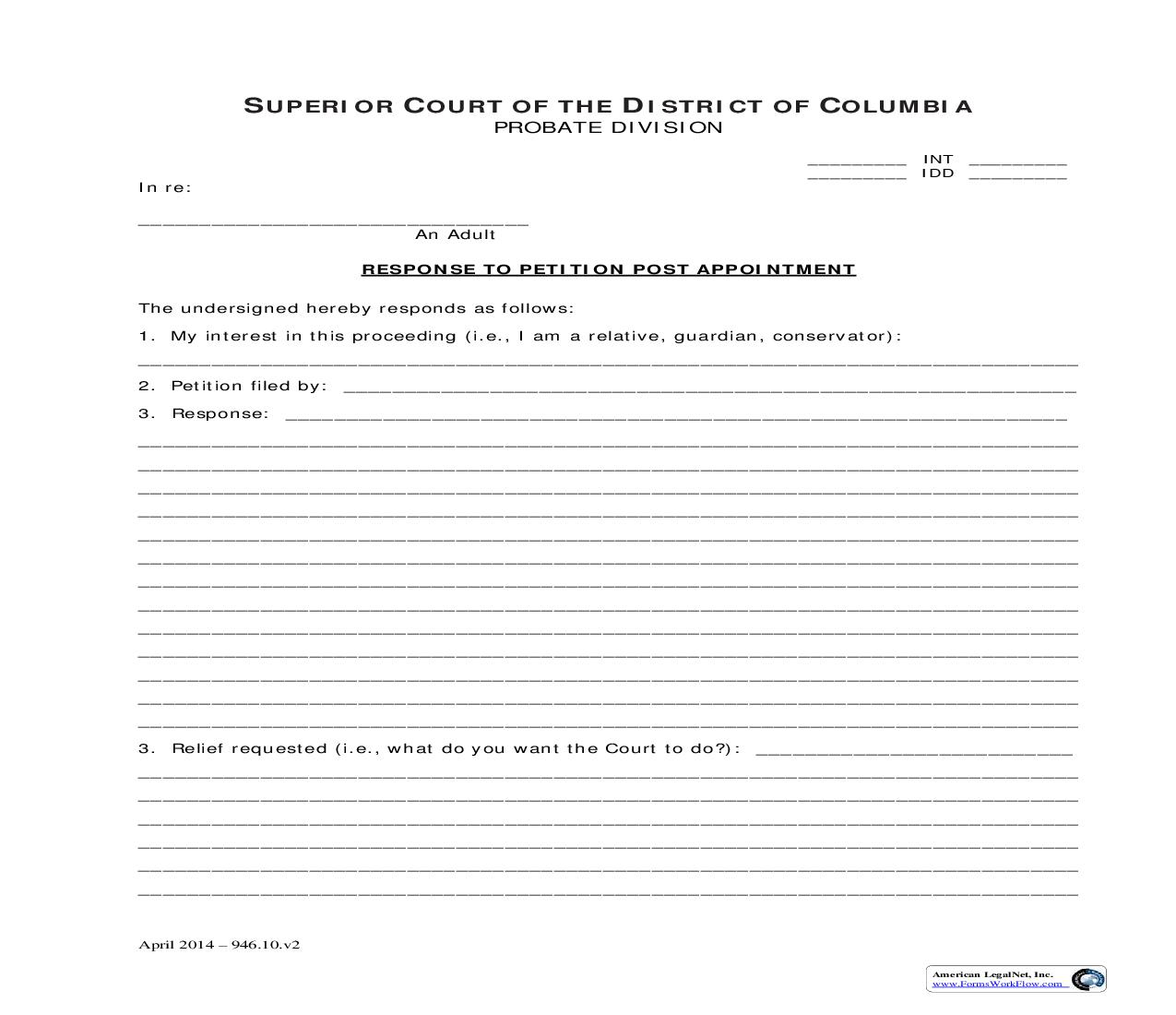 Response To Petition Post Appointment | Pdf Fpdf Doc Docx | District Of Columbia