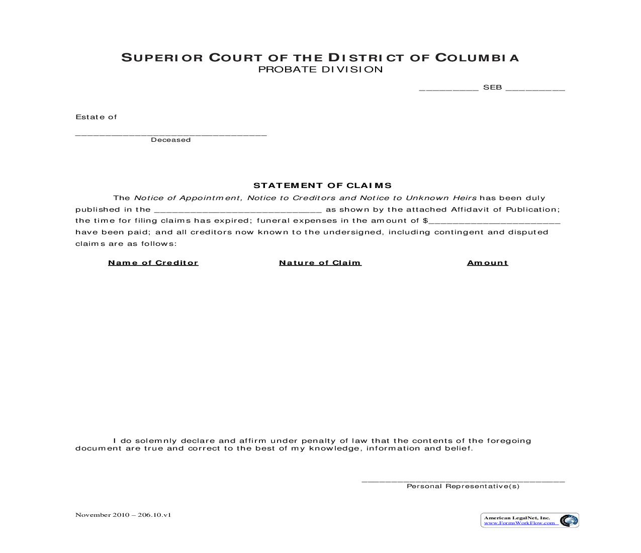 Statement Of Claims | Pdf Fpdf Doc Docx | District Of Columbia