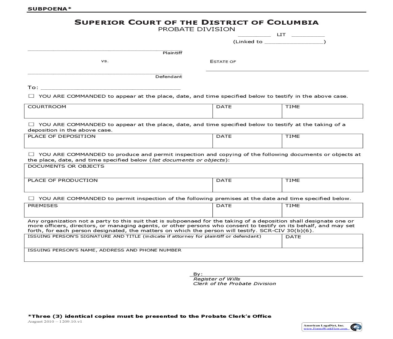 Subpoena | Pdf Fpdf Doc Docx | District Of Columbia