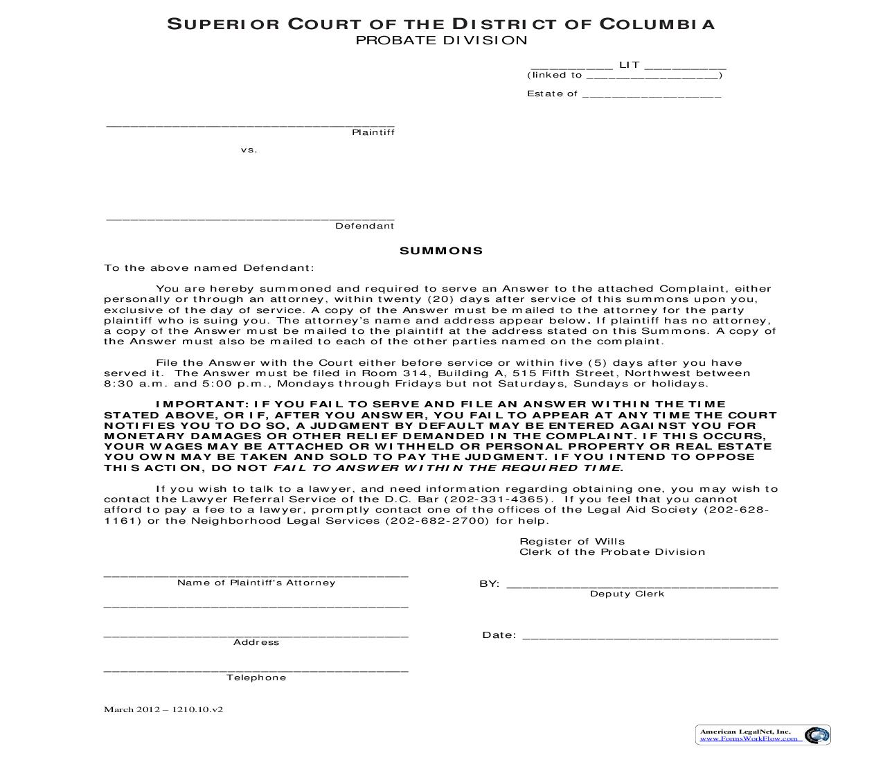 Summons | Pdf Fpdf Doc Docx | District Of Columbia