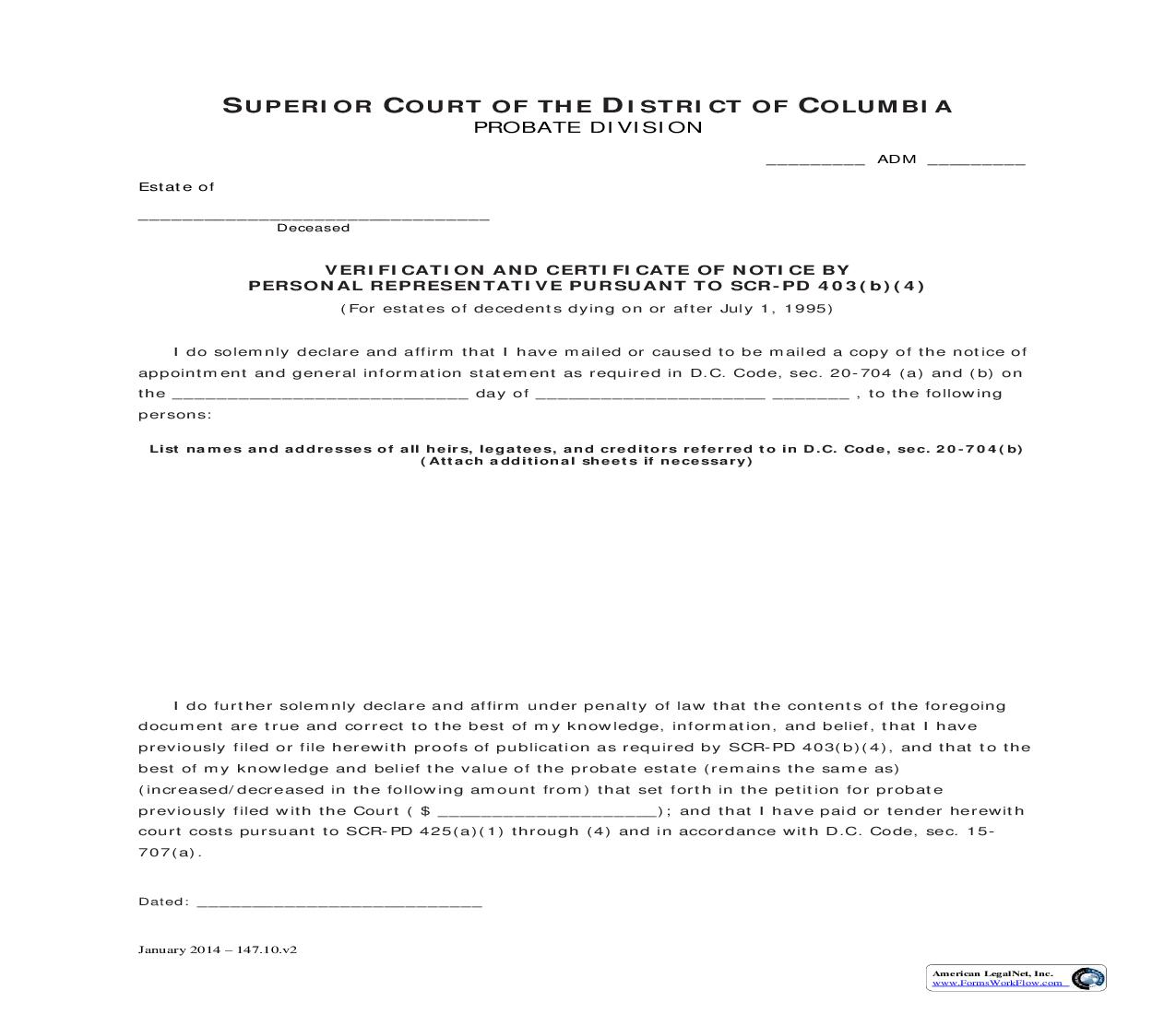 Verification And Certificate Of Notice By Personal Representative | Pdf Fpdf Doc Docx | District Of Columbia
