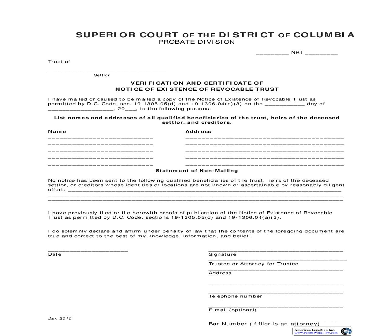 Verification And Certificate Of Notice Of Existence Of Revocable Trust | Pdf Fpdf Doc Docx | District Of Columbia