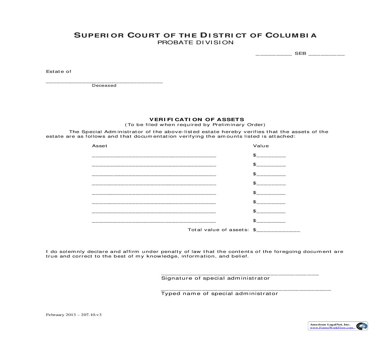 Verification Of Assets | Pdf Fpdf Doc Docx | District Of Columbia