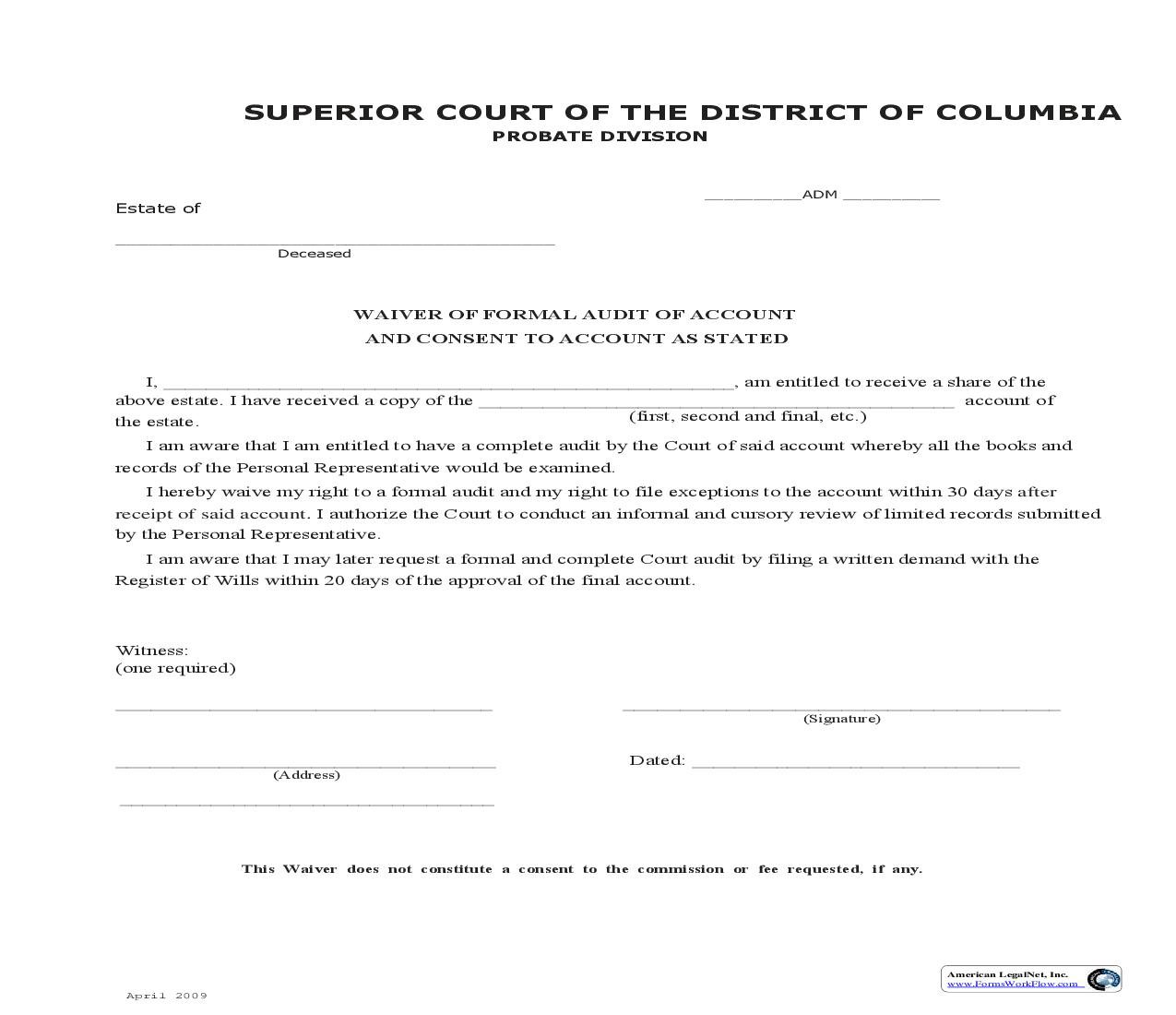 Waiver Of Formal Audit Of Account And Consent To Account As Stated | Pdf Fpdf Doc Docx | District Of Columbia