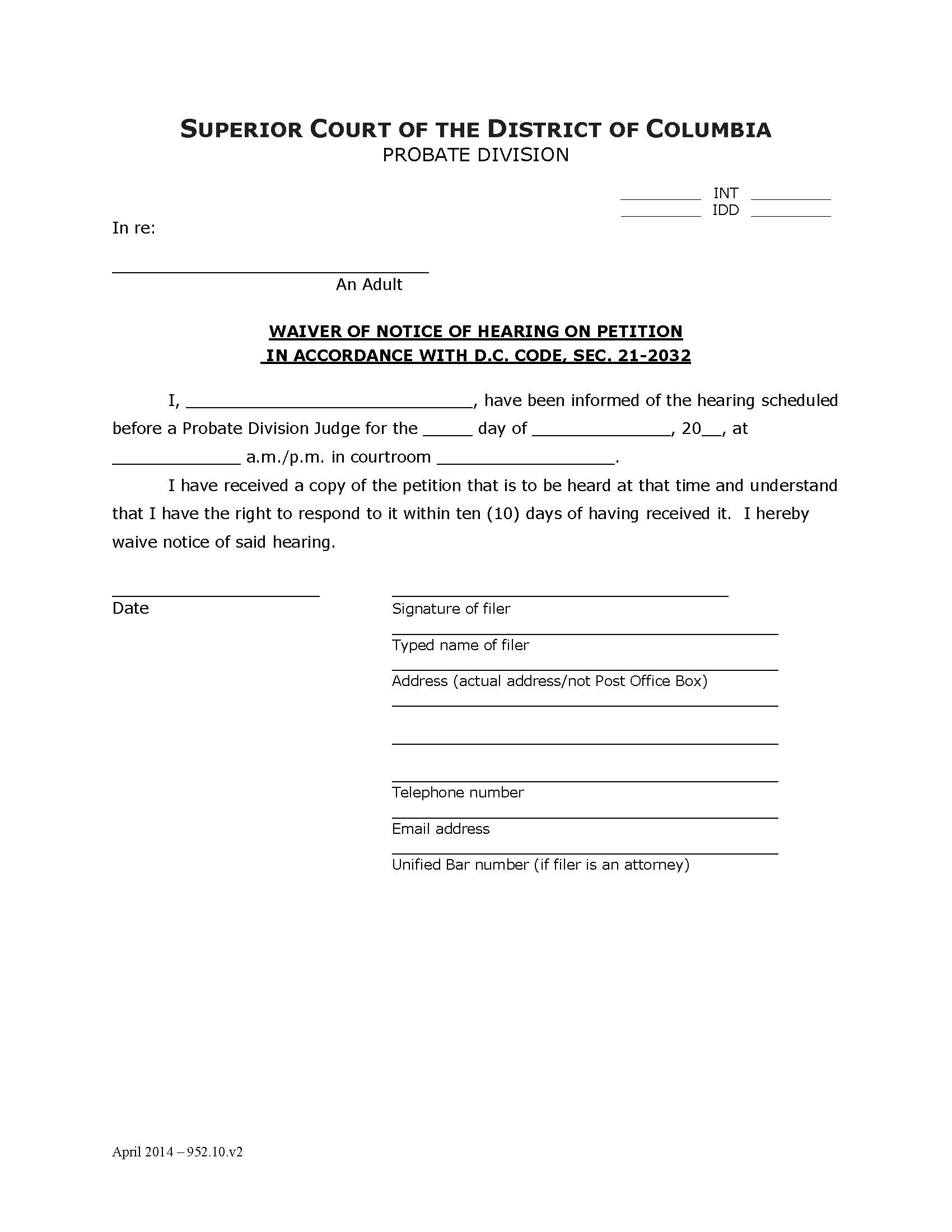 Waiver Of Notice Of Hearing | Pdf Fpdf Doc Docx | District Of Columbia