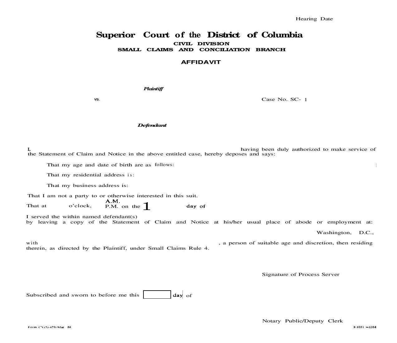 Affidavit (Of Service Of Statement Of Claim And Notice) {CV(5)-479} |  | District Of Columbia