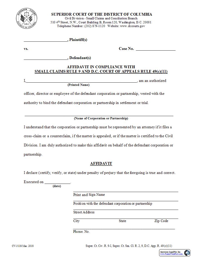 Affidavit In Compliance With Small Claims Rule 9 | Pdf Fpdf Docx | District Of Columbia