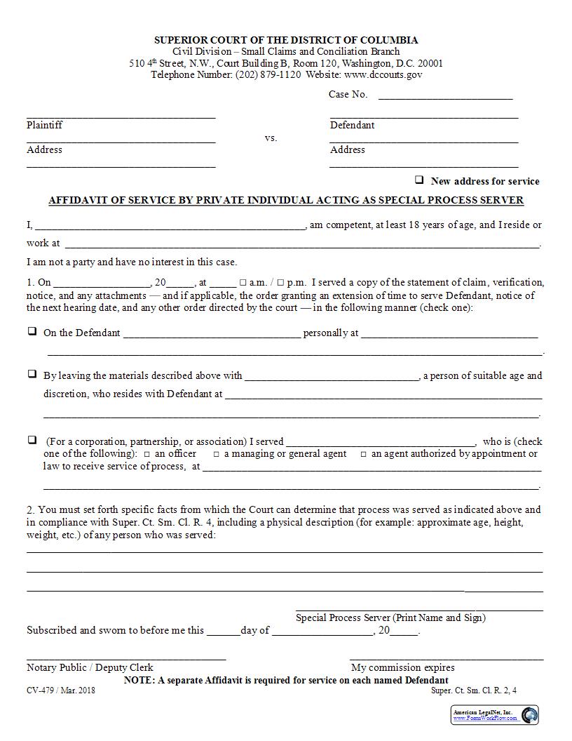 Affidavit Of Service By Private Indivdual Acting As Special Process Server | Pdf Fpdf Docx | District Of Columbia