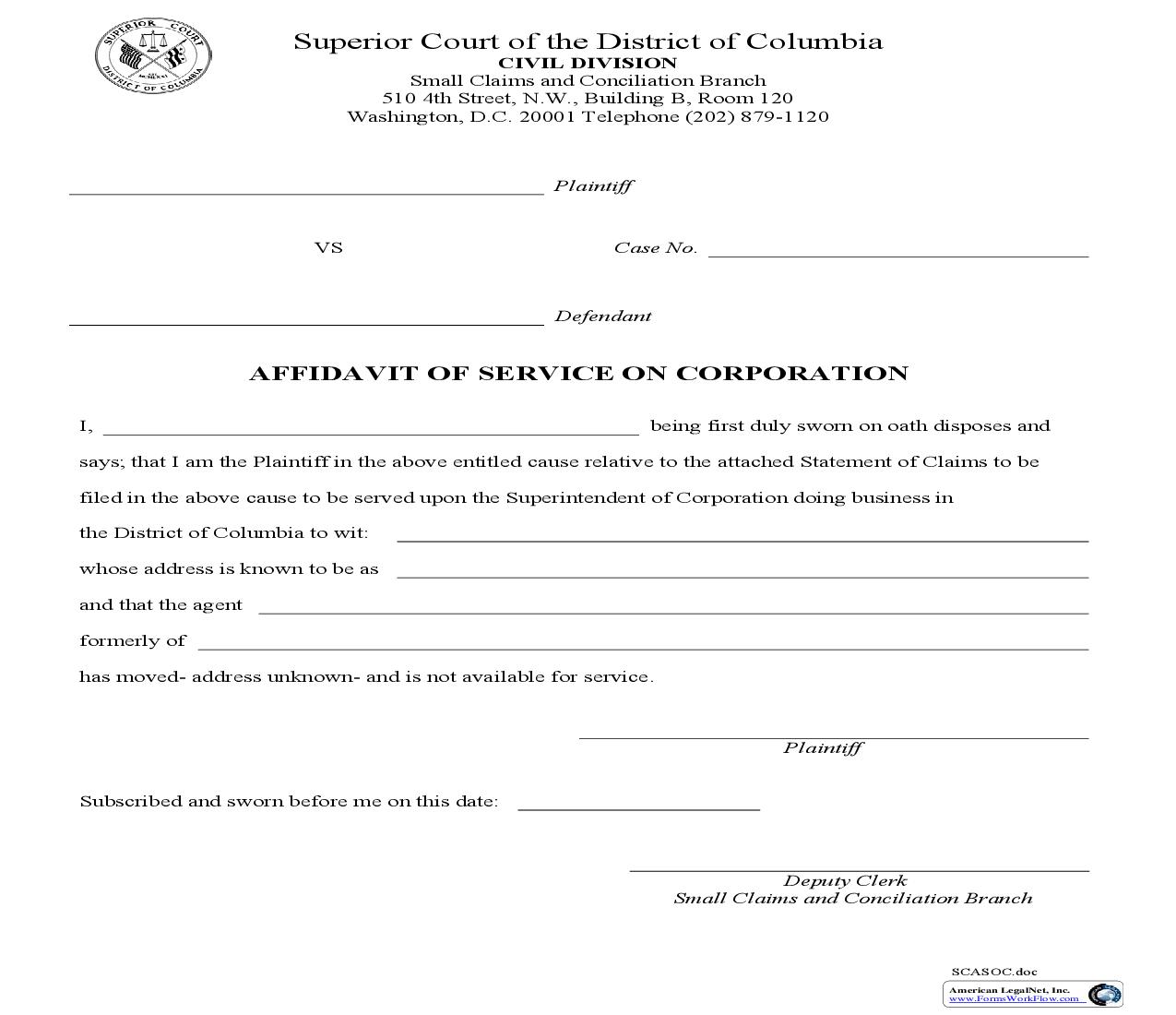 Affidavit Of Service On Corporation | Pdf Fpdf Doc Docx | District Of Columbia