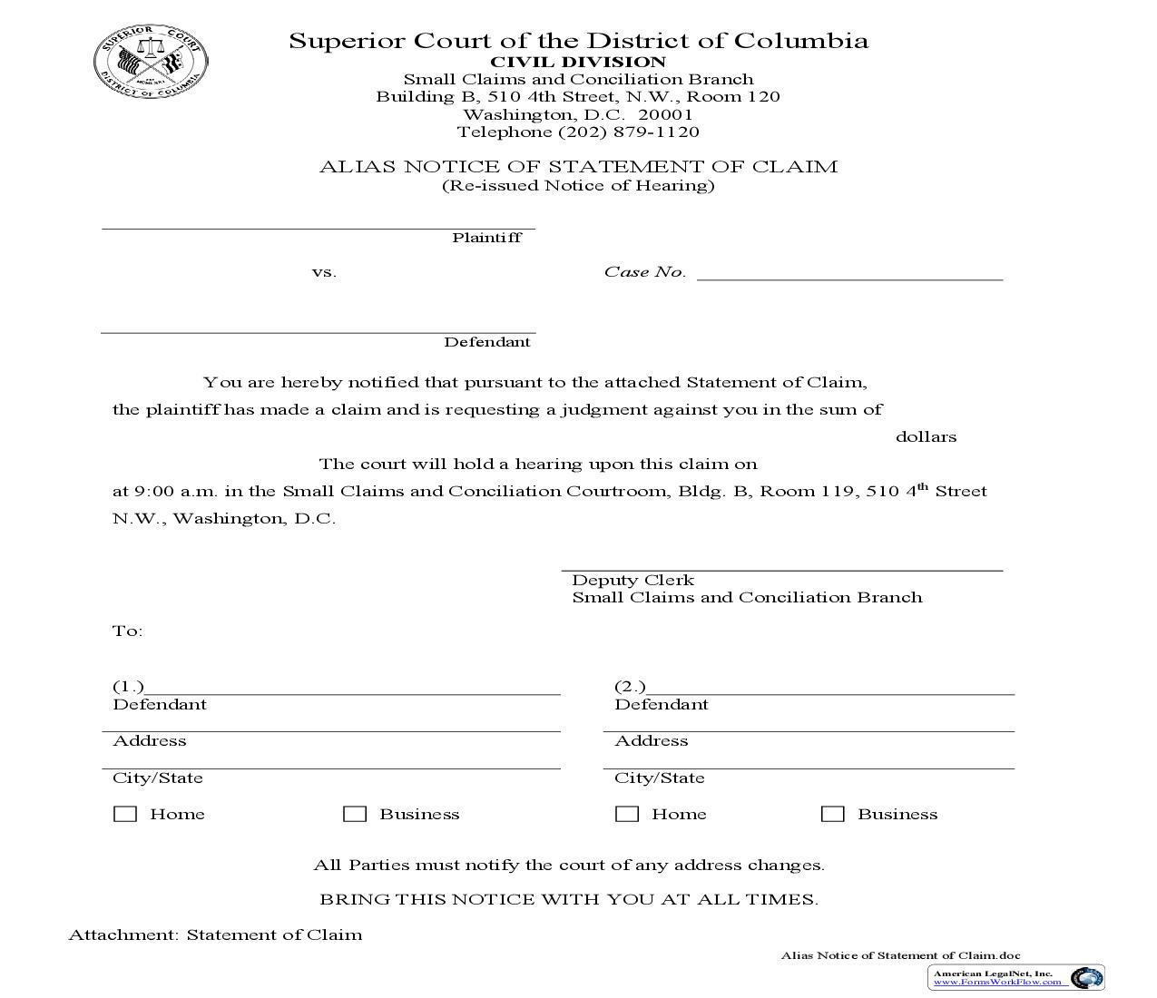 Alias Notice Of Statement Of Claims | Pdf Fpdf Doc Docx | District Of Columbia