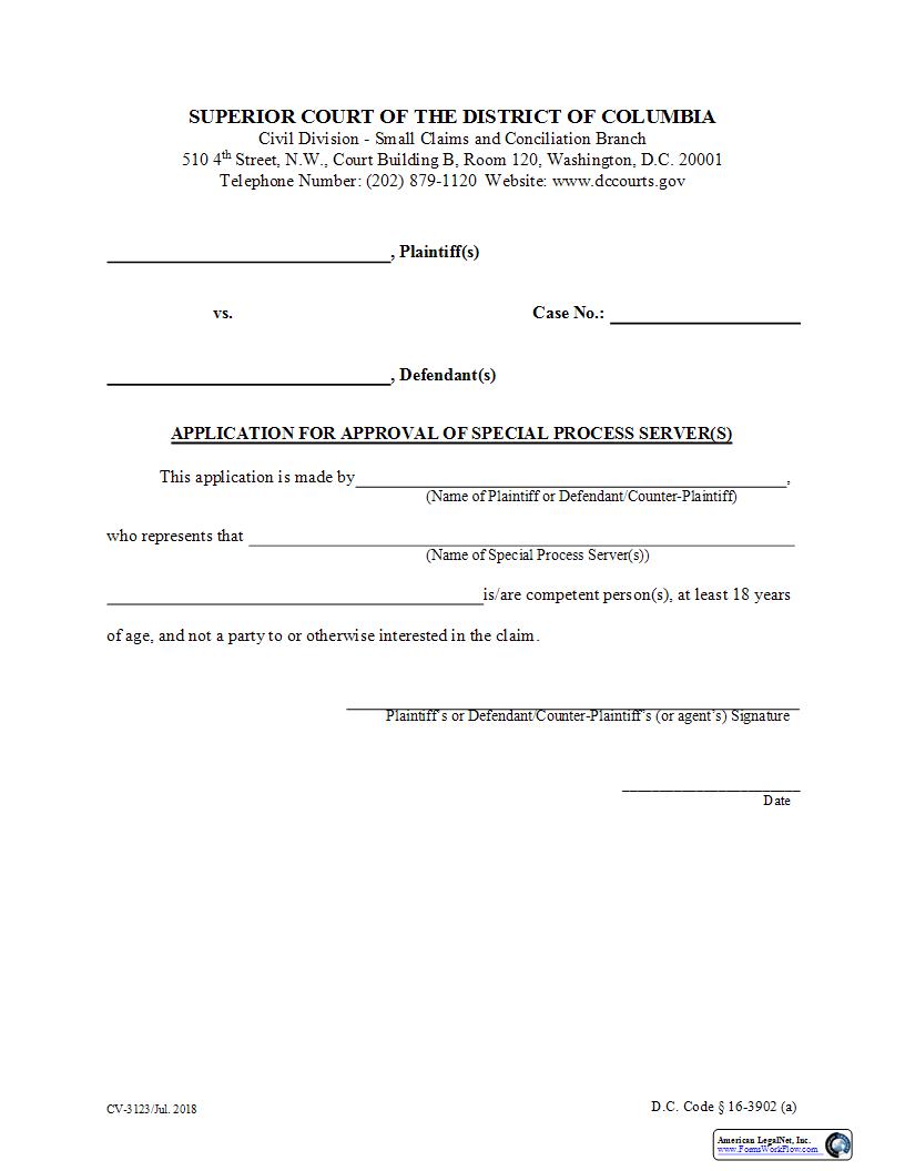 Application for Approval of Special Process Servers | Pdf Fpdf Docx | District Of Columbia