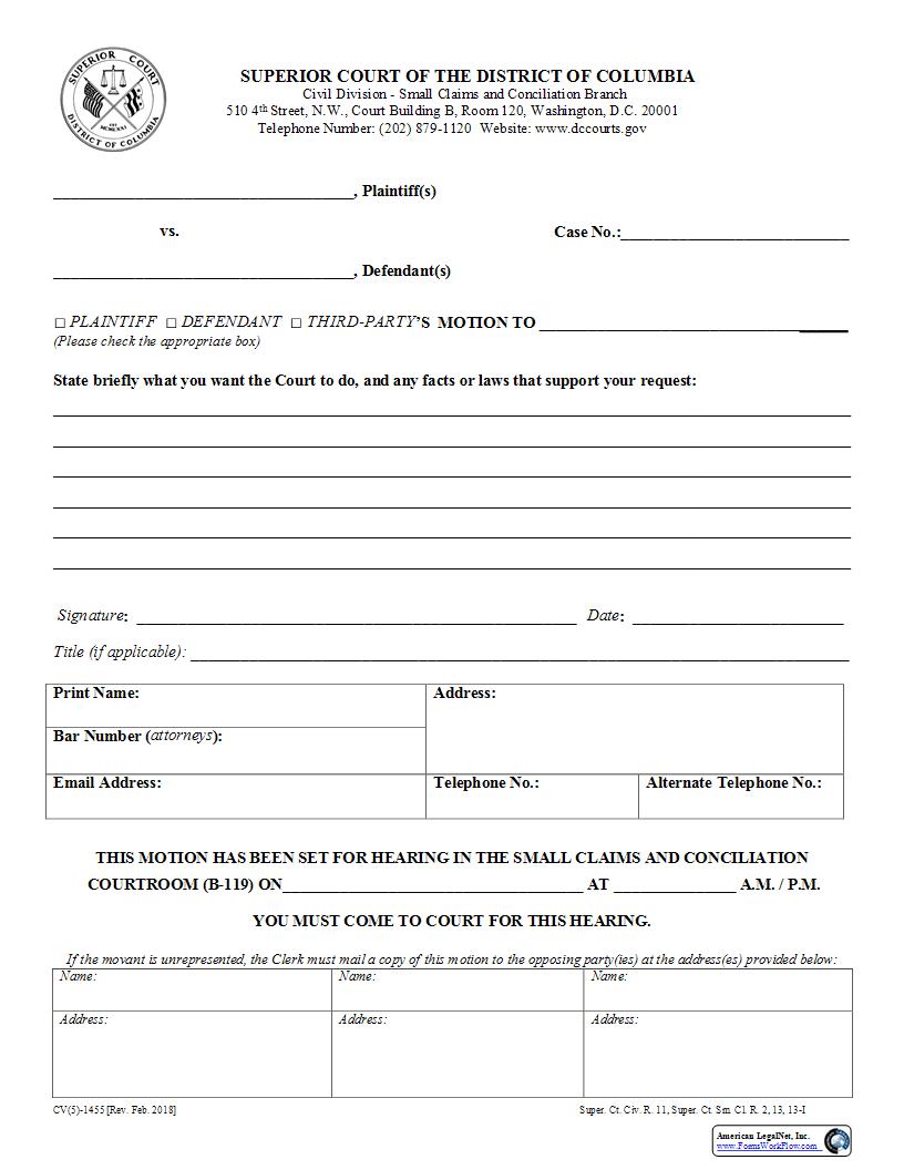 Small Claims And Conciliation Branch Motion | Pdf Fpdf Docx | District Of Columbia