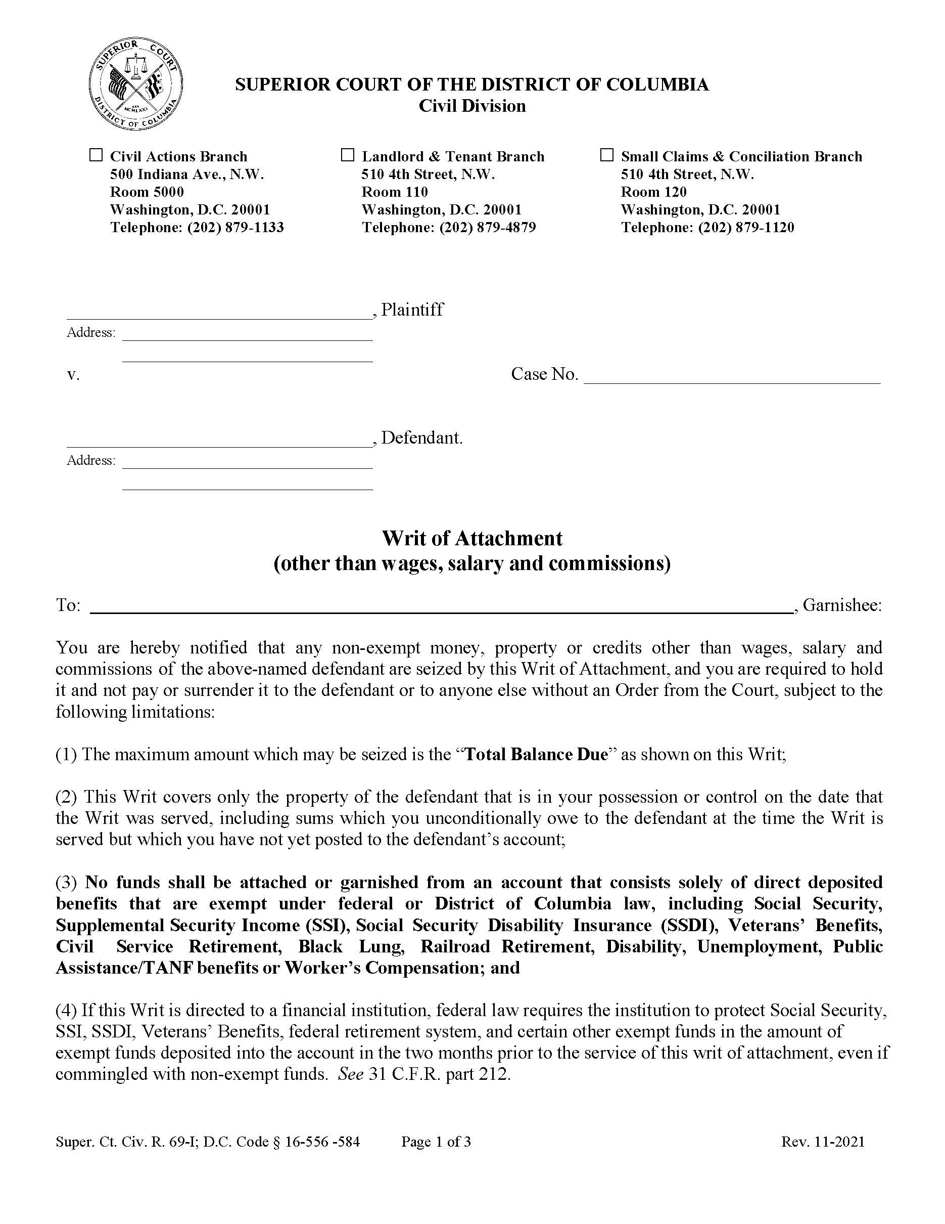 Writ Of Attachment Other Than Wages Salary And Commissions | Pdf Fpdf Doc Docx | District Of Columbia
